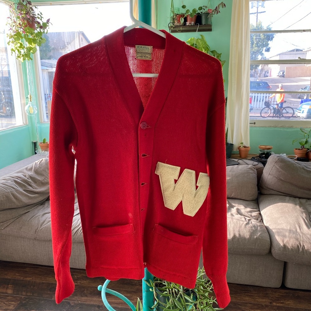Vintage Red Letterman Cardigan Sweater with “W”